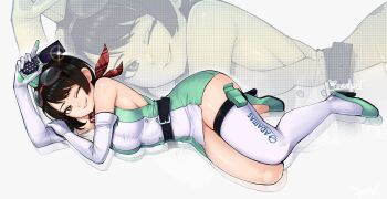 1girl black_hair breasts commentary digimon digimon_story:_time_stranger dress elbow_gloves english_commentary gloves goggles goggles_on_head green_dress green_hat hat highres medium_breasts ravenhart short_hair sleeveless sleeveless_dress solo_focus thighhighs two-tone_dress white_dress white_thighhighs yuuki_kanan zoom_layer