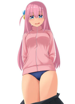 1girl black_skirt blue_buruma blue_eyes bocchi_the_rock! buruma clothes_pull commentary_request cube_hair_ornament gotoh_hitori hair_between_eyes hair_ornament highres jacket long_hair long_sleeves nonaka_ritsu one_side_up open_mouth pink_hair pink_jacket simple_background skirt skirt_pull solo thighs track_jacket white_background