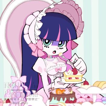 1girl aqua_background aqua_eyes blurry blurry_edges bow breasts cake cake_stand cleavage colored_inner_hair commentary_request cupcake detached_collar dokupiyoart dress food fork fruit gelatin highres hime_cut holding holding_fork holding_plate jewelry long_hair macaron multicolored_hair necklace orange_(fruit) orange_slice panty_&amp;_stocking_with_garterbelt pearl_necklace pink_bow pink_dress pink_nails pink_streaks plate purple_hair stocking_(psg) strawberry_shortcake streaked_hair teapot