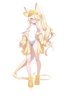 1girl absurdres animal_ears blonde_hair blue_archive breasts covered_navel cross_halo feet fox_ears fox_girl full_body halo highleg highleg_one-piece_swimsuit highres jacket long_hair off_shoulder one-piece_swimsuit orange-tinted_eyewear sandals seia_(blue_archive) seia_(swimsuit)_(blue_archive) side_ponytail small_breasts solo standing sunglasses swimsuit thighs tinted_eyewear toes visor_cap white_one-piece_swimsuit yellow_eyes yellow_halo yellow_jacket yellow_sandals yellow_visor yukii_(user_wcfs2775)