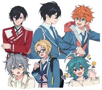 5boys absurdres ahoge akehoshi_subaru aqua_hair backpack bag black_hair blonde_hair blue-framed_eyewear blue_jacket blue_necktie blush_stickers claw_pose ensemble_stars! glasses green_eyes grey_hair hair_between_eyes hand_grab hidaka_hokuto highres hojo_raika jacket looking_at_another looking_at_viewer male_focus multiple_boys necktie open_clothes open_jacket open_mouth orange_hair red_eyes red_jacket school_uniform sena_izumi_(ensemble_stars!) simple_background smile upper_body white_background xmflroxkzn yumenosaki_school_uniform yuuki_makoto_(ensemble_stars!)