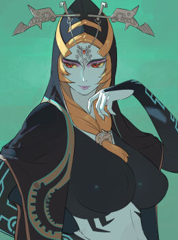 Rule 34 | 1girl, black cape, blue skin, breasts, cape, closed mouth, colored sclera, colored skin, commentary, english commentary, green background, hand on own hip, highres, hood, hood up, hooded cape, large breasts, looking to the side, midna, midna (true), nintendo, orange hair, red eyes, solo, the legend of zelda, the legend of zelda: twilight princess, timbougami, upper body, yellow sclera