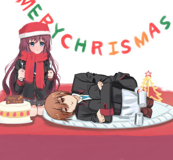 1boy 1girl :t a-chan_(little_busters!) adapted_costume black_jacket black_pants blue_eyes blue_necktie brown_hair cake christmas christmas_tree closed_mouth collared_shirt commentary_request cup food food-themed_hat fork fringe_trim full_body grey_skirt hands_up hat highres holding holding_fork holding_knife hugging_own_legs jacket jitome kneeling knife little_busters! little_busters!_school_uniform long_hair long_sleeves looking_at_another looking_at_viewer lying merry_christmas miiizuno_lbs miniskirt natsume_kyousuke necktie on_plate on_side pants plaid_clothes plaid_skirt red_eyes red_hat red_scarf santa_hat scarf school_uniform shirt short_hair simple_background skirt very_long_hair white_background white_shirt