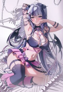 1girl bare_shoulders bat_wings black_bra black_hair black_thighhighs black_wings bone bone_print bra breasts chest_harness commission corset_piercing double_bun hair_bun hair_sprinkles harness heart_hair_bun heterochromia ibbychan indie_virtual_youtuber large_breasts leg_warmers licking_lips long_hair looking_at_viewer microskirt multicolored_hair navel navel_piercing piercing pink_eyes pink_hair purple_eyes purple_hair single_thighhigh skeletal_tail skeleton skirt solo spikes sprinkle_hershy tail thighhighs tongue tongue_out underwear virtual_youtuber wings