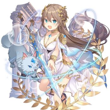 ancient_greek_clothes aqua_eyes breasts cleavage commentary_request double_bun greco-roman_clothes hair_between_eyes hair_bun holding holding_sword holding_weapon lidelle_esquire long_hair open_mouth pillar rie_(reverie) sword uchi_no_hime-sama_ga_ichiban_kawaii very_long_hair weapon wolf