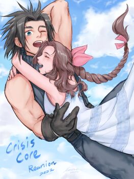 1boy 1girl aerith_gainsborough arm_behind_head arm_up arms_around_neck black_gloves black_hair blue_eyes blue_sky braid braided_ponytail brown_hair cloud cloudy_sky couple crisis_core:_final_fantasy_vii dated dress feet_out_of_frame final_fantasy final_fantasy_vii gloves hair_ribbon hetero hug linono long_hair outdoors pink_ribbon ponytail ribbon short_hair sky sleeveless sleeveless_dress sleeveless_turtleneck spiked_hair square_enix sweater turtleneck turtleneck_sweater zack_fair