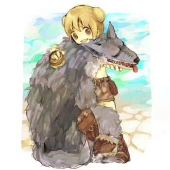 1girl 91s blonde_hair boots brown_boots brown_eyes brown_shorts commentary_request double_bun full_body hair_bun open_mouth petting ragnarok_online ranger_(ragnarok_online) short_hair shorts smile solo standing wolf