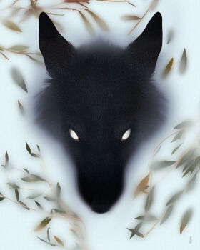animal animal_focus black_dog black_fur blank_eyes blurry close-up commentary cropped_head dappermouth dog english_commentary foliage highres horror_(theme) leaf looking_at_viewer milk_bath no_humans no_pupils original partially_submerged plant water white_eyes wolf