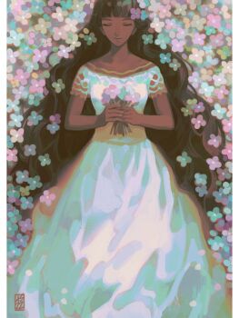 1girl brown_hair closed_eyes closed_mouth commentary dark-skinned_female dark_skin dress driftwoodwolf english_commentary flower flower_bed greek_mythology holding holding_flower long_hair persephone_(mythology) solo white_dress