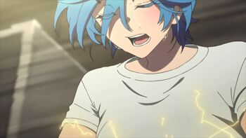 1girl animated animated_gif anime_screenshot blue_eyes blue_hair bouncing_breasts breasts closed_eyes instrument isemi_tina keyboard_(instrument) large_breasts navel open_mouth rock_wa_lady_no_tashinami_deshite shirt smile solo stomach sweat t-shirt tagme undersized_clothes white_shirt