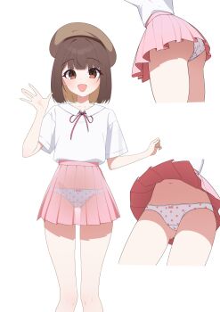 1girl absurdres accidental_exposure beret blunt_bangs bow bow_panties brown_eyes brown_hair brown_hat commission hat highres looking_at_viewer multiple_views neck_ribbon open_mouth panties pink_ribbon pink_skirt polka_dot polka_dot_panties ribbon saionji_(tanakeda) schwarz_rubin see-through_clothes see-through_skirt shirt short_hair skirt smile tanaka-kun_wa_itsumo_kedaruge transparent_background underwear upskirt waving white_panties white_shirt wind wind_lift x-ray