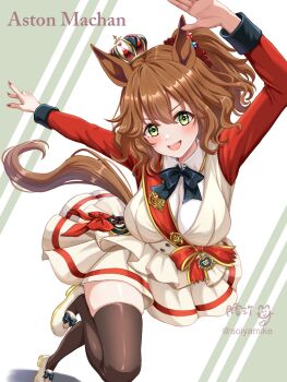 1girl aston_machan_(flare)_(umamusume) aston_machan_(umamusume) between_breasts blush breasts character_name crown fingernails green_eyes hair_between_eyes hair_ornament highres horse_girl large_breasts leg_up looking_at_viewer medium_hair nail_polish red_nails running solo strap_between_breasts thighhighs tsukiyuki_mike twitter_username umamusume