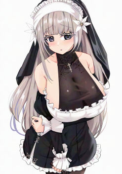 1girl arm_behind_back bare_shoulders black_eyes black_pantyhose black_sleeves blush breasts cross detached_sleeves dress flower hair_flower hair_ornament highres large_breasts lelia_(sinisistar) long_hair looking_at_viewer nun pantyhose pisagi short_dress simple_background sinisistar_2 solo white_background wrist_cuffs