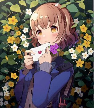 1girl backpack bag blue_jacket blush brown_hair buttons cardigan closed_mouth commentary flower grey_cardigan holding holding_letter jacket kei_s01 layered_sleeves leaf letter long_sleeves looking_at_viewer love_letter open_clothes open_jacket original short_hair solo upper_body white_flower yellow_eyes yellow_flower