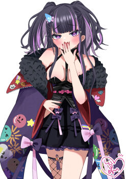 Rule 34 | 1girl, absurdres, azur lane, bare shoulders, black dress, black hair, blush, breasts, cleavage, clothes pull, commission, covering own mouth, dress, fang, fishnets, fujinami (azur lane), hand over own mouth, hand up, heart, heart-shaped pupils, highres, hip focus, jacket, jacket pull, looking at viewer, medium breasts, multicolored hair, no bra, open clothes, open jacket, pixiv commission, purple eyes, purple hair, purple jacket, red nails, shiranuinuiko, sleeveless, sleeveless dress, smug, solo, streaked hair, symbol-shaped pupils, two-tone hair
