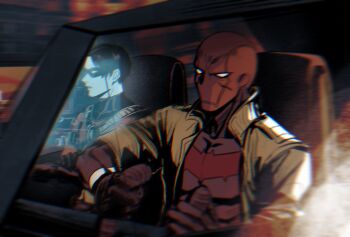 bat_signal batman_(series) batman_symbol black_gloves black_hair bodysuit brothers cape dc_comics domino_mask eye_mask gloves grey_bodysuit highres jason_todd kirikumosan large_pectorals male_focus mask multicolored_bodysuit multiple_boys muscular muscular_male open_clothes pectorals red_hood_(dc) red_robin shirt short_hair siblings superhero_costume taut_bodysuit tim_drake two-tone_bodysuit