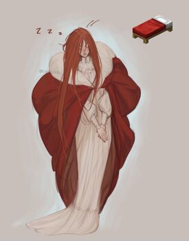 1girl absurdly_long_hair absurdres bed cape closed_eyes commentary dress full_body highres long_dress long_hair long_sleeves minecraft nail_polish object_and_personification own_hands_together personification red_hair sleeping sleeping_upright sleeve_cuffs smile solo symbol-only_commentary unatalmeh very_long_hair zzz