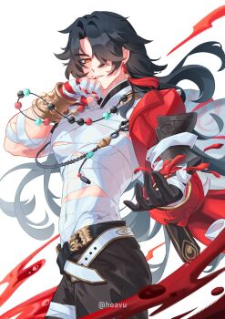 1boy bandaged_chest bandaged_torso beads belt black_hair blade_(elation)_(honkai:_star_rail) blade_(honkai:_star_rail) bracelet double-parted_bangs earrings gloves hashtag-only_commentary highres hoavu honkai:_star_rail honkai_(series) jacket jewelry long_hair male_focus necklace open_clothes open_jacket pants red_eyes red_jacket single_earring single_glove tassel toned toned_male twitter_username very_long_hair