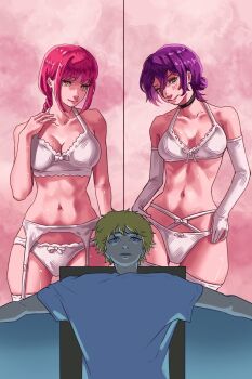 1boy 2girls black_choker blonde_hair bra breasts chainsaw_man choker denji_(chainsaw_man) elbow_gloves garter_belt garter_straps gloves green_eyes hair_between_eyes hair_bun highres large_breasts long_hair makima_(chainsaw_man) medium_breasts multiple_girls navel panties pink_hair purple_hair raggumba reze_(chainsaw_man) shirt short_hair sidelocks thighhighs underwear white_bra white_gloves white_panties white_shirt white_thighhighs yellow_eyes