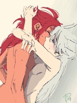 2girls arms_around_neck breasts closed_eyes commentary dark-skinned_female dark_skin grey_eyes gundam gundam_suisei_no_majo kiss long_hair looking_at_another miorine_rembran multiple_girls nipples nude red_hair small_breasts suletta_mercury surfacedxxc thick_eyebrows white_hair yuri