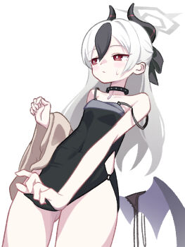 1girl black_collar black_dress black_hair blue_archive blush collar commentary_request covered_navel demon_girl demon_horns dress gluteal_fold grey_halo halo highres horns jacket kayoko_(blue_archive) kayoko_(dress)_(blue_archive) low_wings multicolored_hair no_panties panties red_eyes s9uirrel short_dress streaked_hair sweatdrop underwear unworn_jacket unworn_panties white_hair wings