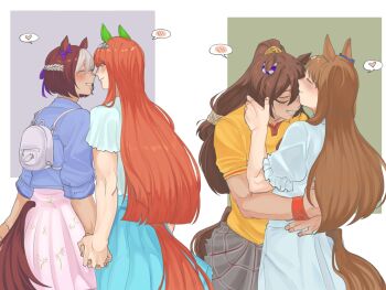 Rule 34 | 4girls, animal ears, backpack, bag, blue eyes, blue jacket, blue shirt, blue skirt, blush, braid, brown hair, closed eyes, closed mouth, commentary, domino mask, el condor pasa (casual) (umamusume), el condor pasa (umamusume), english commentary, eye mask, grass wonder (casual) (umamusume), grass wonder (umamusume), green eyes, grin, half up braid, hands on another's waist, heart, highres, holding hands, horse ears, horse girl, horse tail, interlocked fingers, jacket, kiss, kissing forehead, long hair, looking at another, mask, multiple girls, orange hair, pink skirt, pleated skirt, ponytail, shirt, short hair, silence suzuka (casual) (umamusume), silence suzuka (umamusume), skirt, smile, special week (casual) (umamusume), special week (umamusume), spoken blush, spoken heart, tail, umamusume, white streaks, wristband, xy 424, yellow shirt, yuri