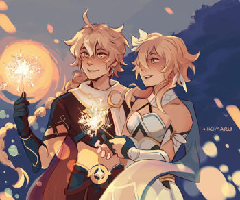 1boy 1girl ahoge arm_armor artist_name black_gloves black_pants black_shirt blonde_hair braid braided_ponytail breasts brother_and_sister commentary cowboy_shot cropped_shirt detached_sleeves dress english_commentary fireworks flower genshin_impact gloves hair_between_eyes hair_flower hair_ornament highres holding holding_fireworks ikimaru long_hair midriff night outdoors pants parted_lips partially_fingerless_gloves scarf shirt short_hair_with_long_locks siblings small_breasts smile sparkler very_long_hair white_dress white_scarf yellow_eyes