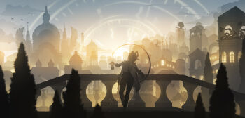 1girl absurdres against_railing architecture arm_pouch armband artist_logo artist_name breasts can commentary curled_horns demon_tail drink_can english_commentary gloves high-waist_pants highres holding holding_can horns large_breasts logo long_hair necktie outdoors pants railing shade_of_a_cat shirt silhouette solo sunrise tail tight_clothes tight_pants wide_shot wuthering_waves zani_(wuthering_waves)