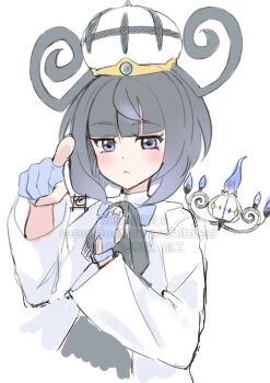 Rule 34 | 1girl, black hair, blue gloves, blunt bangs, blush, bob cut, chandelure, closed mouth, coat, commentary request, fingerless gloves, gen 5 pokemon, gloves, gradient hair, gwynn (pokemon), hat, highres, long sleeves, looking at viewer, mega stone, multicolored hair, nintendo, open clothes, open coat, pointing, pointing at viewer, pokemon, pokemon (creature), pokemon legends: z-a, purple eyes, purple hair, revision, short hair, upper body, white background, white coat, zero-theme