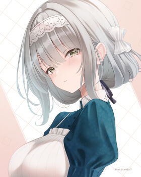 1girl akiyomi animal_ears apron black_dress black_ribbon blush breasts dress from_side gakuen_idolmaster grey_hair hair_ribbon hairband highres hiwatari_kanae horse_ears idolmaster juliet_sleeves large_breasts long_sleeves looking_at_viewer maid_headdress medium_hair neck_ribbon parted_lips puffy_sleeves ribbon short_hair sidelocks simple_background solo twitter_username upper_body white_apron white_background white_hairband