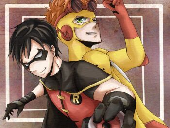 2boys back-to-back black_hair dc_comics dick_grayson kid_flash male_focus mask miyumayu multiple_boys orange_hair robin_(dc) wally_west young_justice:_invasion