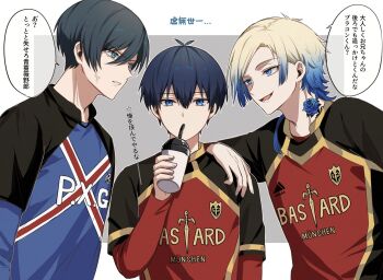 3boys anger_vein antenna_hair aqua_eyes bad_id bad_twitter_id black_hair blonde_hair blue_eyes blue_flower blue_hair blue_lock clenched_teeth cup drinking_straw eyeshadow fingernails flower flower_tattoo gradient_hair hair_between_eyes hand_up highres holding holding_cup itoshi_rin long_hair long_sleeves looking_at_another looking_at_viewer makeup male_focus michael_kaiser moco_(1553561764583079936) multicolored_hair multiple_boys neck_tattoo open_mouth short_hair speech_bubble tattoo teeth translation_request two-tone_hair upper_body