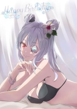 1girl absurdres bracelet breasts commentary_request eyepatch flower grey_hair hair_flower hair_ornament happy_birthday heaven_burns_red highres jewelry large_breasts looking_at_viewer orcinus666 red_eyes swimsuit yamawaki_bon_ivar