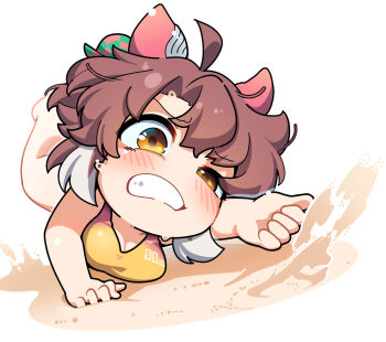 1girl animal_ears barefoot bikini blush breasts brown_hair chibi chibi_only cleavage clenched_teeth commentary dantsu_flame_(umamusume) full_body horse_ears horse_girl multicolored_hair outstretched_arm sand short_hair simple_background solo swimsuit teeth two-tone_hair umamusume warashi white_background yellow_bikini yellow_eyes