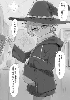 1girl after_rape belly book bottle closed_mouth drawstring earrings empty_eyes expressionless glass_bottle greyscale hand_on_own_stomach hat highres hood hood_down hooded_jacket impregnation indoors jacket jewelry lolicom md5_mismatch monochrome open_clothes open_jacket original outie_navel potion pregnant rape shelf short_hair skirt solo translated webp-to-png_conversion witch witch_hat