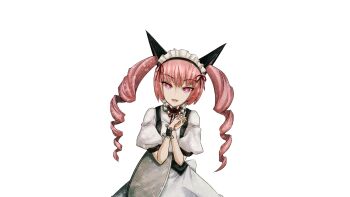 1girl akiha_rumiho animal_ear_hairband animal_ears apron back_bow belt_around_waist belt_buckle bow breasts buckle buttons cat_ears closed_mouth collar dress drill_hair fake_animal_ears frilled_collar frilled_dress frilled_hairband frilled_wrist_cuffs frills game_cg hair_between_eyes hairband highres holding holding_tray huke long_hair looking_at_viewer maid maid_apron maid_headdress mayqueen_maid_uniform non-web_source official_art open_mouth own_hands_clasped own_hands_together pink_hair pink_lips puffy_short_sleeves puffy_sleeves red_ribbon ribbon ribbon-trimmed_collar ribbon-trimmed_corset ribbon-trimmed_hairband ribbon-trimmed_sleeves ribbon_trim ringed_eyes science_adventure short_sleeves single_wrist_cuff small_breasts smile solo sprite square_pupils steins;gate tray tsurime twin_drills twintails white_apron white_bow white_dress white_wrist_cuffs wrist_cuffs