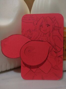 1girl animal_ears borrowed_character breasts breasts_out chetrippo collared_shirt cow_ears cow_girl cow_horns cow_tail cowbell english_text gigantic_breasts hair_intakes hair_over_shoulder highres horns long_hair looking_at_viewer mattie_(ego_trigger) milk_carton no_bra open_mouth original photo_(medium) puffy_areolae shirt sidelocks sketch skirt smile solo sound_effects speech_bubble tail traditional_media upper_body