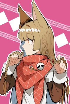 1girl animal_ear_fluff animal_ears braid brown_hair character_request fingernails fox_ears fox_girl layered_sleeves long_sleeves looking_afar namosuke_(oetwmkekmz) open_mouth orange_scarf pink_background scarf shirt short_over_long_sleeves short_sleeves solo tales_weaver twin_braids upper_body white_shirt