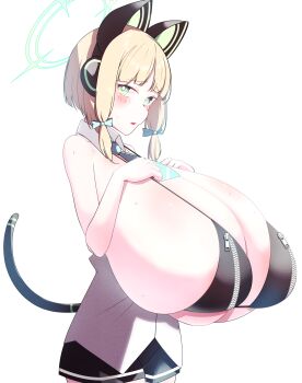 Rule 34 | 1girl, alternate breast size (larger), animal ears, blonde hair, blue archive, breasts, bursting breasts, cat ears, cat tail, female focus, green eyes, green necktie, halo, headphones, huge breasts, kuyu730, looking at viewer, midori (blue archive), necktie, pale skin, shiny skin, solo, standing, tail, white background
