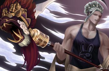 1boy absurdres angry animal_print bindi black_background black_tank_top bleeding blood blood_on_face bloody_eye blue_eyes blue_hair buddha_(shuumatsu_no_valkyrie) clenched_teeth collarbone cowboy_shot crown crown_hair_ornament crown_ornament ear_piercing earrings facial_mark fangs forehead_mark gold_crown gold_earrings green_hair hair_bun half-closed_eyes hand_up highres holding holding_scythe holding_staff jewelry lion_head_(ornament) long_hair looking_to_the_side loose_hair_strand male_focus multicolored_hair muscular muscular_male one_eye_closed pectoral_cleavage pectorals piercing rabbit_print robe scythe shuumatsu_no_valkyrie smoke solo staff tank_top teeth toned toned_male upper_body yellow_robe