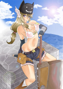 1girl axe belt belt_buckle belt_pouch bikini bikini_top_only black_hat blonde_hair blue_sky boots breasts brown_belt brown_boots buckle cleavage cloud commentary_request day deviruchi_hat elbow_gloves feathered_wings feet_out_of_frame fingerless_gloves fisheye fur-trimmed_shorts fur_trim gloves grey_gloves grey_shorts hat head_wings hijiru holding holding_axe lens_flare long_hair looking_at_viewer medium_breasts pouch purple_eyes ragnarok_online short_shorts shorts sitting sky solo star_(symbol) swimsuit water white_bikini white_wings whitesmith_(ragnarok_online) wings