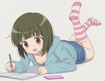 1girl blush breasts brown_eyes cleavage collarbone dot_nose female_focus full_body green_hair holding hood hoodie kin-iro_mosaic legs long_sleeves lying nekofilter no_shoes notebook on_stomach oomiya_shinobu open_mouth short_hair shorts simple_background socks striped_clothes striped_socks