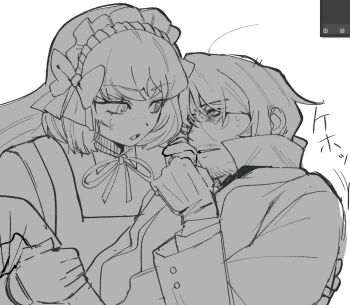 1boy 1girl :o absurdres alternate_costume apron bags_under_eyes beard_stubble bow bowtie carrying coat collared_shirt dress eye_contact facial_hair formal_clothes freckles frilled_hairband frilled_headdress frills from_side glasses gloves gregor_(project_moon) greyscale hair_bow hairband hetero high_collar highres holding ishmael_(project_moon) juliet_sleeves limbus_company long_hair long_sleeves looking_at_another low_ponytail maid maid_apron maid_headdress monochrome neck_ribbon necktie open_clothes parted_lips photoshop_(medium) ponytail popped_collar princess_carry project_moon puffy_long_sleeves puffy_sleeves ribbon shirt sidelocks simple_background sketch stubble suit sweat sweatdrop teeth upper_body very_long_hair vest white_background wing_collar wuthering_heights_(identity)_(project_moon)