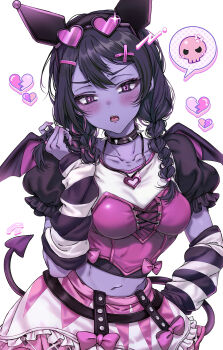 Rule 34 | 1girl, anger vein, black collar, black hair, blush, braid, breasts, broken heart, collar, collarbone, commentary request, crop top, demon girl, demon tail, demon wings, eyewear on head, fangs, frilled skirt, frills, hair ornament, hair over shoulder, hairclip, heart, heart-shaped eyewear, highres, kayanogura, long hair, low twintails, medium breasts, midriff, mini wings, multicolored hair, navel, open mouth, overwatch, pink-tinted eyewear, pink hair, pink skirt, puffy short sleeves, puffy sleeves, purple eyes, purple skirt, purple wings, shirt, short sleeves, simple background, skirt, solo, spiked collar, spikes, spoken anger vein, spoken skull, streaked hair, tail, tinted eyewear, twin braids, twintails, white background, white shirt, white skirt, widowmaker (overwatch), wings, x hair ornament