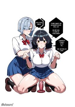 2girls abscord absurdres android black_hair black_socks blank_stare blue_eyes blue_hair blue_skirt bow bowtie breasts brown_eyes brown_shoes closed_mouth commentary dildo double-parted_bangs english_commentary english_text expressionless female_masturbation hair_over_one_eye hands_on_another's_shoulders hands_up highres large_breasts loafers looking_at_viewer masturbation miniskirt multiple_girls original paw_pose pleated_skirt pussy pussy_juice red_bow red_bowtie school_uniform sex_toy shirt shoes short_hair short_sleeves simple_background skirt socks speech_bubble squatting talking uncensored white_background white_shirt