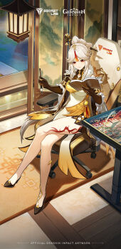 1girl absurdres bare_legs beads black_gloves book calligraphy_brush chair china_dress chinese_clothes copyright_logo dress folding_screen genshin_impact gloves hair_ornament hair_stick highres holding holding_book holding_brush leg_tattoo logo long_hair lotus_leaf ningguang_(genshin_impact) official_art official_wallpaper on_chair open_book paintbrush pool red_eyes red_tattoo sitting solo table_saw tattoo two-tone_dress white_hair