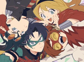 1girl 3boys artist_name bart_allen batman_(series) black_hair bodysuit cassie_sandsmark conner_kent dc_comics domino_mask eye_mask goggles goggles_on_head highres hokkemaruyaki kon-el looking_at_viewer male_focus mask multicolored_bodysuit multiple_boys muscular muscular_male red_bodysuit robin_(dc) sunglasses superboy superhero_costume superman_(series) the_flash_(series) tim_drake two-tone_bodysuit wonder_girl wonder_woman_(series) young_justice