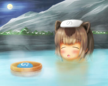 10s 1girl :d animal_ears bathing blush brown_hair bucket capybara_(kemono_friends) capybara_ears closed_eyes female_focus food full_moon japari_bun japari_symbol_print kemono_friends light_brown_hair me2o moon multicolored_hair night onsen open_mouth outdoors partially_submerged smile solo towel towel_on_head two-tone_hair water