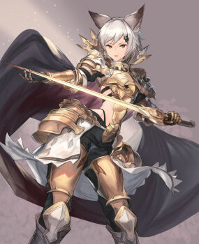 1girl animal_ear_fluff animal_ears armor armored_boots boots breastplate brown_eyes cape commentary_request erune gold_armor golden_knight_(granblue_fantasy) granblue_fantasy grey_hair highres holding holding_sword holding_weapon looking_at_viewer pauldrons shoulder_armor solo sword taba_comya weapon