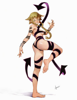 1girl armpits arrow_(symbol) ass barefoot black_nails braid breasts butt_crack commentary commission constricted_pupils english_commentary eyelashes front_braid full_body heart heart-shaped_pupils highres large_breasts long_hair looking_at_viewer medusa_gorgon mimi_milky nail_polish signature simple_background single_braid smile soles solo soul_eater standing standing_on_one_leg symbol-shaped_pupils teeth toes white_background